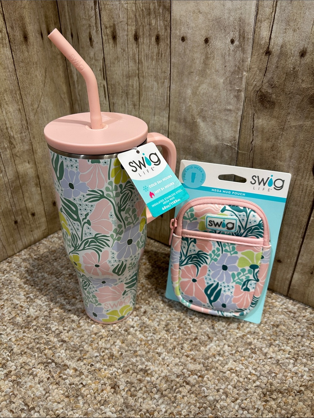 NWT 40oz Swig Life Garden Party Pink Floral insulated mega Mug Tumbler w/ Pouch